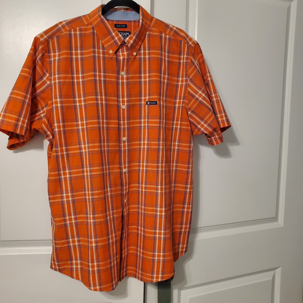 Chaps Mens Short Sleeve Button Down Shirt Orange Plaid Easy Care XLarge XL